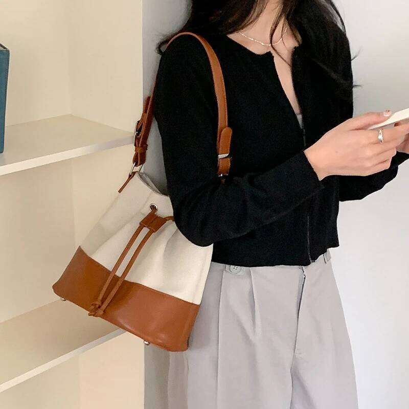 Patchwork Canvas Women Bucket Shoulder Bag Brand Design Drawstring Ladies Handbag Designer Female Large Totes Bolsas