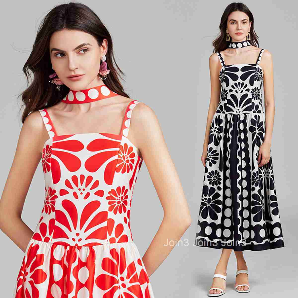 718 Summer New Womens Clothing Style Fashionable High Waist Dot Printed Strap Long Dress