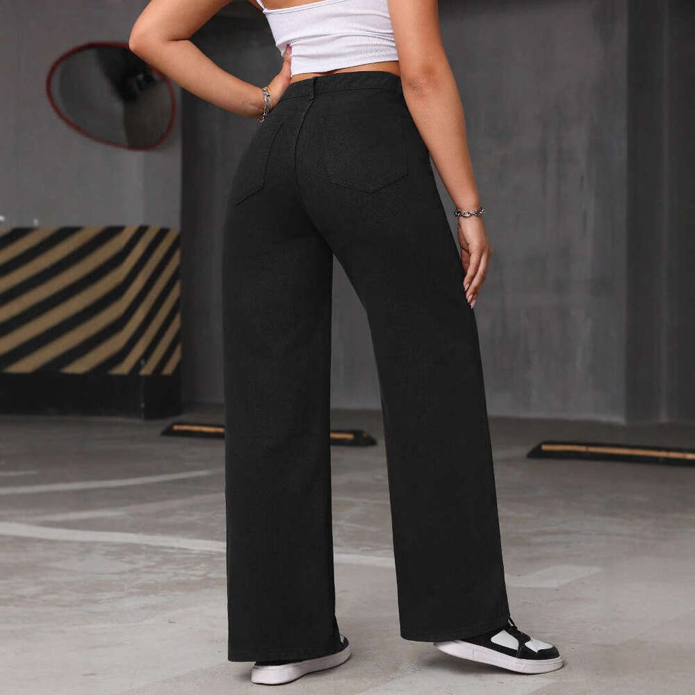 Commuting Style Wide-Leg Ripped Washed High-Waist Straight-Leg Jeans for Women