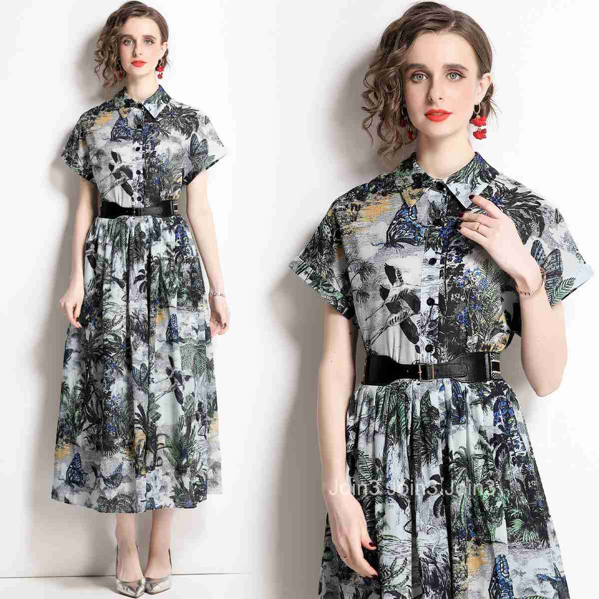 1875 Summer New Womens Fashion Turn-down Collar Short Sleeve Waist-cinching Printed Long Dress with Belt