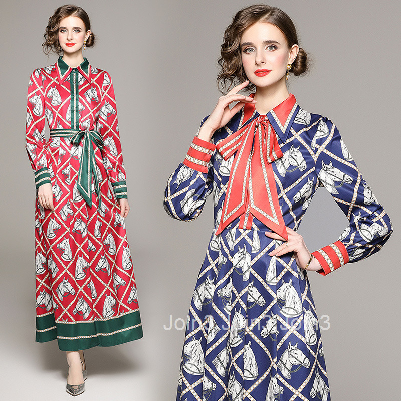 8695 Fashion Checkered Animal Printed Long Skirt with Bow Tie Dress and Tie