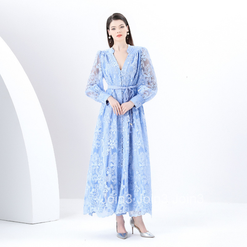 6280 Early Spring New Womens Elegance Style V-neck Lantern Sleeve Embroidered Large Hem Long Dress