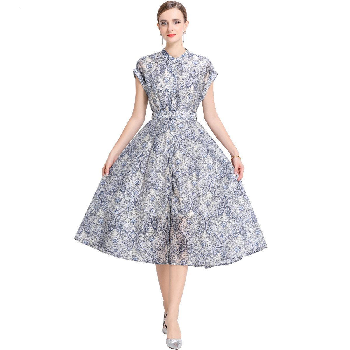 5880 Waist-Cinching Shirt Linen Dress for Women 2025 Summer New Elegant Printed Mid-Length Dress with Lining