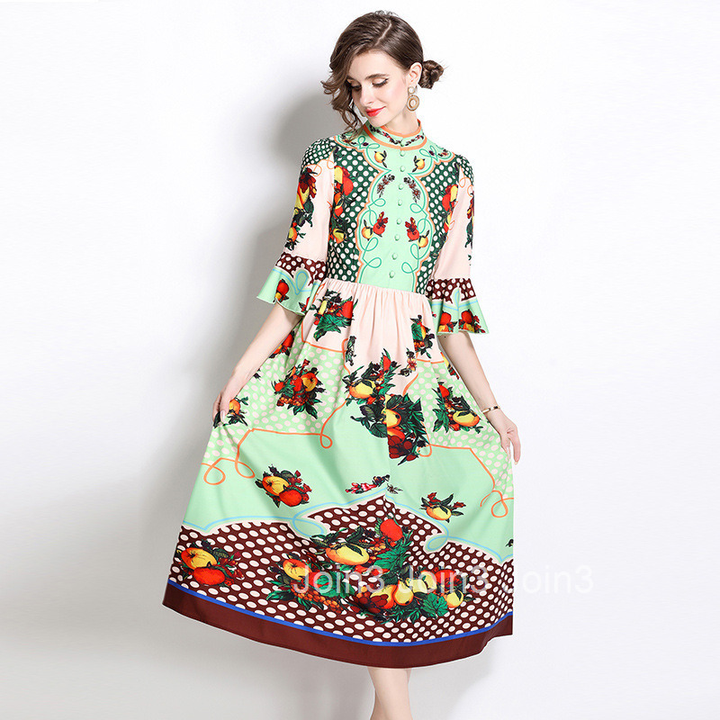 1062 Summer New Womens Fashion Elegant Flared Sleeve Fashion Print Beach Vacation Long Dress