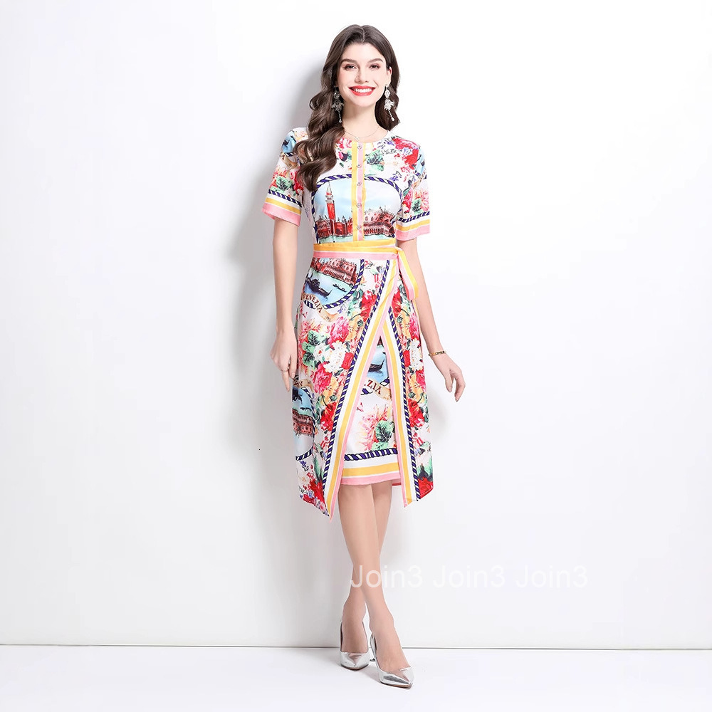 2614 Spring/Summer New Womens Vacation Style Painted Oil Painting Style Short Sleeve Slimming Middle Skirt Dress