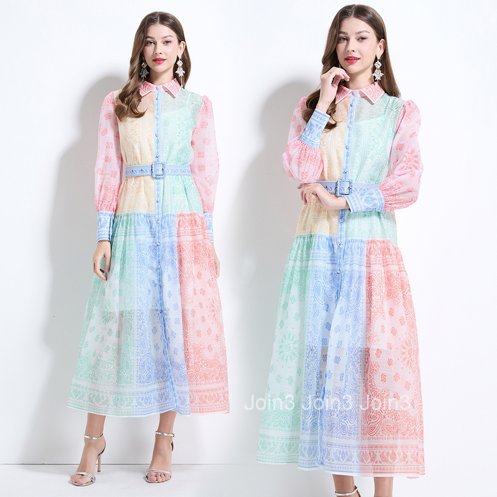2151 vacation style color blocked paisley square scarf printed waist cinching jumpsuit long dress - with camisole included
