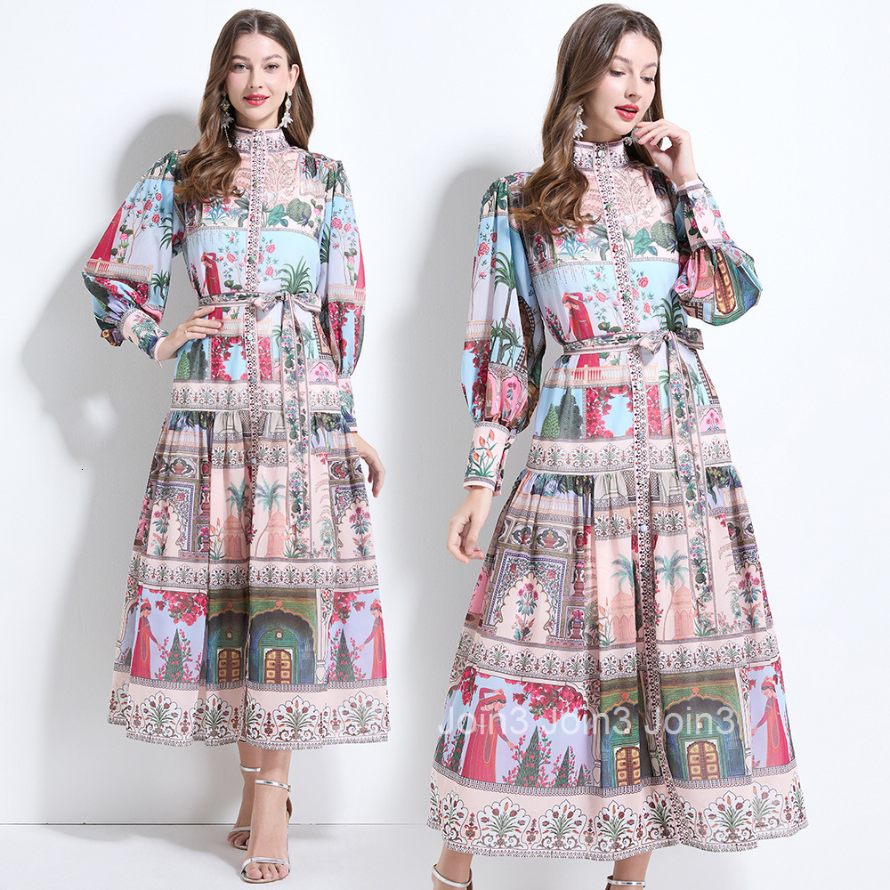 2152 Elegance style printed stand up collar lantern sleeves chiffon ruffle edge skirt - with straps included