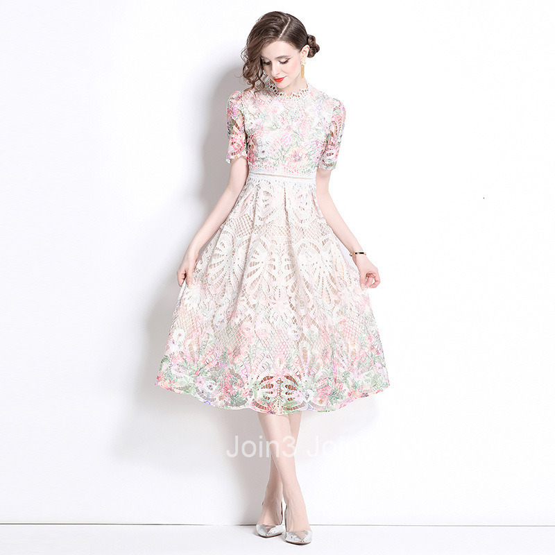 539 Summer New Womens Dress with Fashionable and Skinny Look Hollow out Water soluble Lace Printed Medium to Long Length Dress