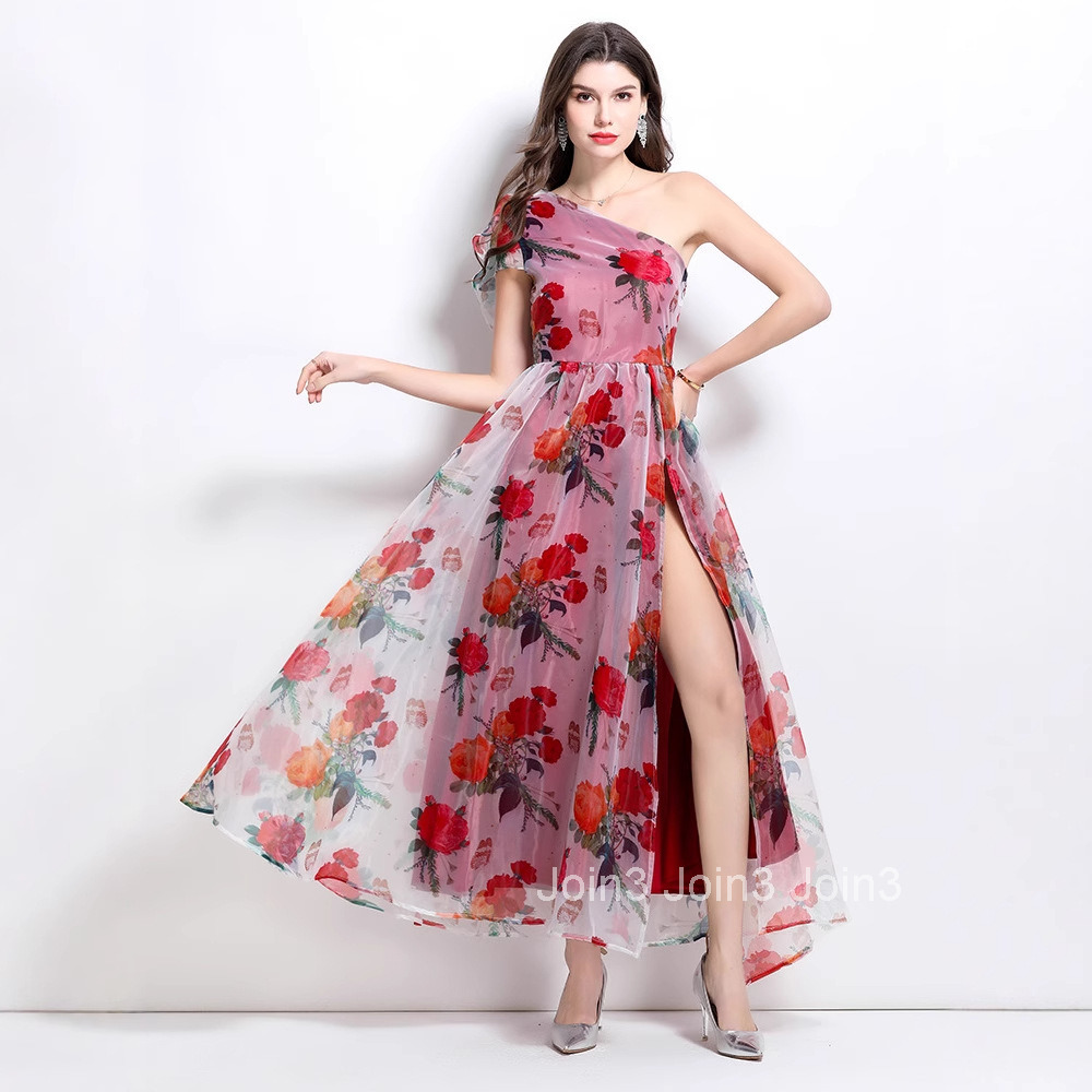 2615 Spring/Summer New Womens Clothing Style Vacation Style Flower Slant Shoulder Large Swing slit Long Dress