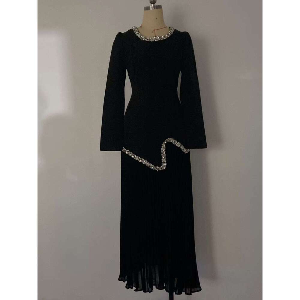 2025 Spring European and American Cross-Border Independent Station Foreign Trade Flowing Pure White Rhinestone Edge Elegant Long Dress Set