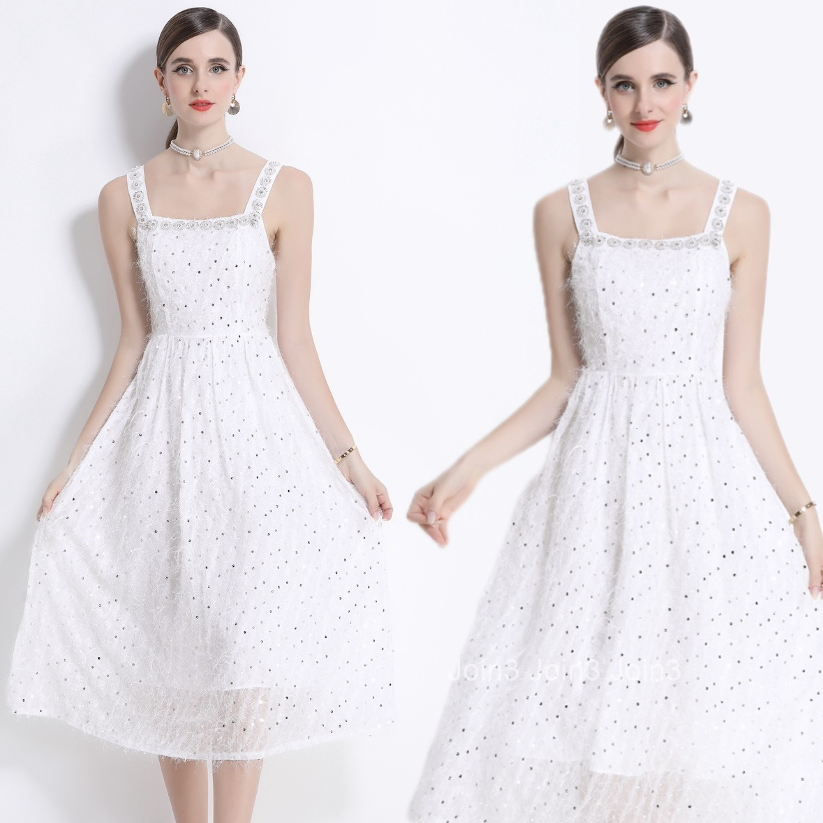 8081 Summer New Womens White Strap Dress Little Gown Elegant Beaded Sequin Fringe Dress