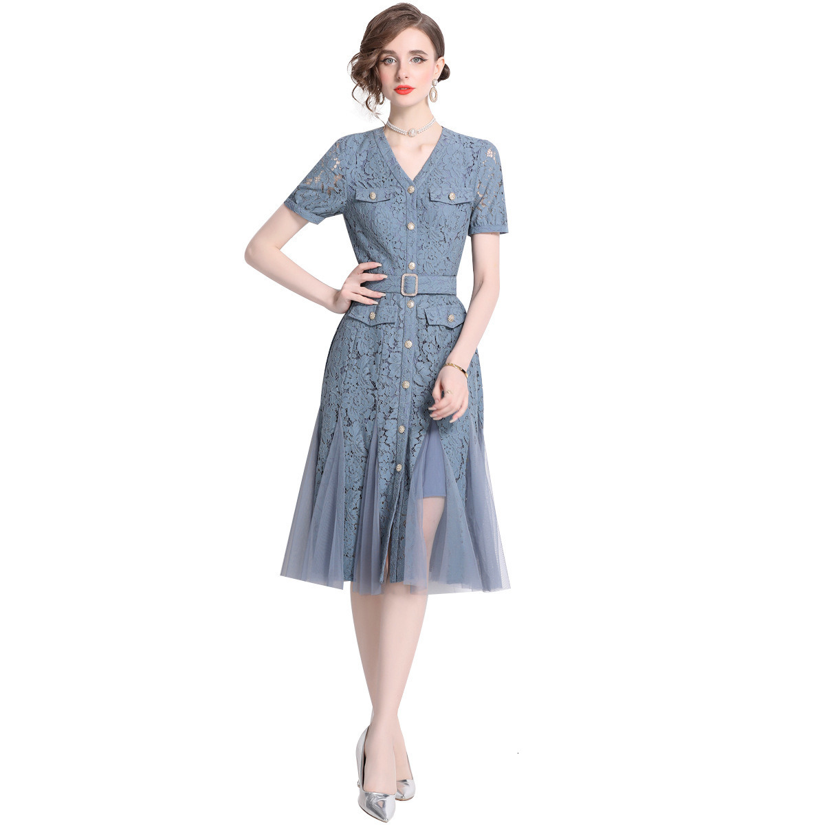 6867 Summer New Womens Fashion Large Hem Dress Lace Patchwork Mesh Waist Cinching Single-Breasted V-Neck Dress