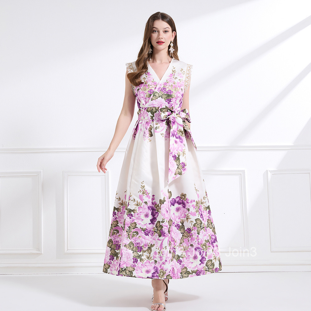 2177 Summer New Womens Vacation Style Printed Beach Waist-Cinching Ruffle Tie Long Dress