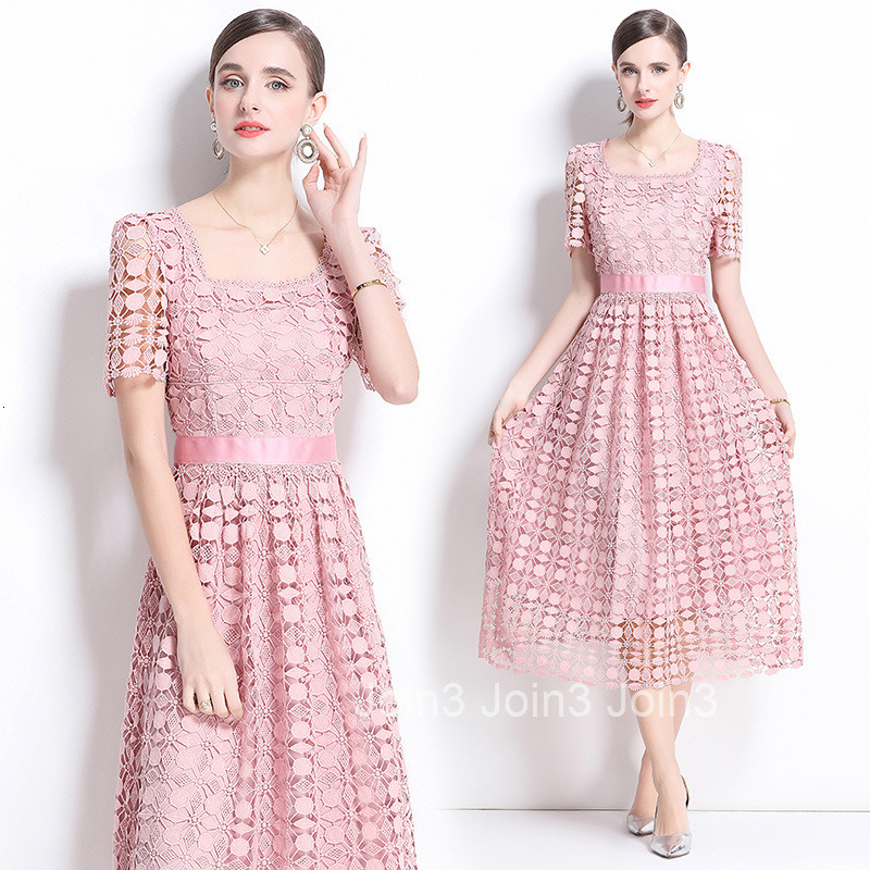 703 fashion slimming hollow out water-soluble lace positioning mid length dress