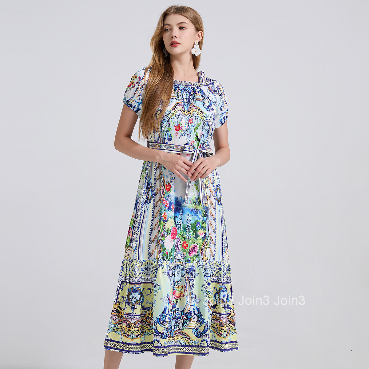 767 Positioning Printed Sexy Off-Shoulder Tie Loose Waist Dress Short Sleeve Long Dress