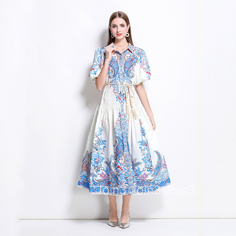 1245 Spring and Summer New Cotton and Linen Lapel Lantern Sleeve Printed Dress Long Dress
