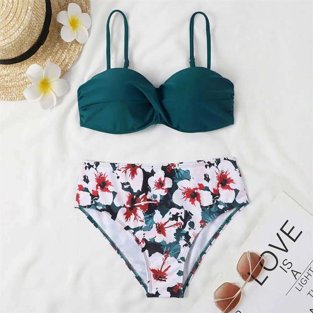 Set Solid Color Underwire Padded Push-Up Split Bikini Bra Print High Waist Bottoms Swimsuit Women Bathing Suit