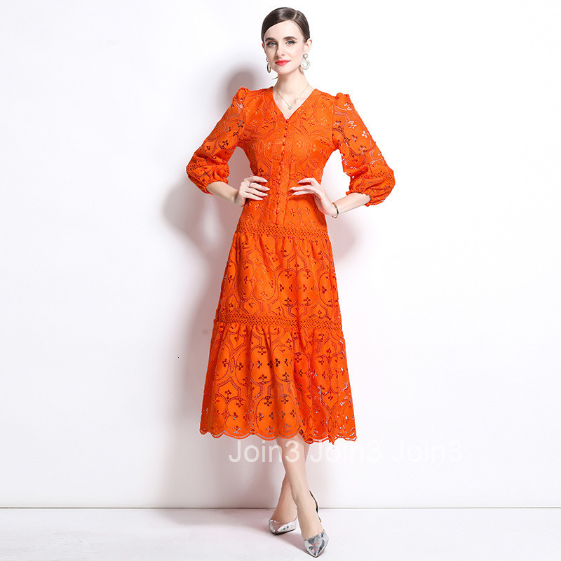 6967 Spring and Autumn New Womens Dress Style Hollow Hook Flower Waist Lantern Sleeve Large Swing Long Dress