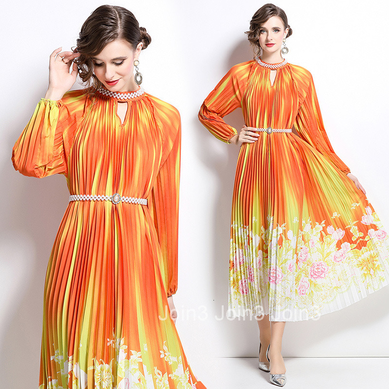 8810 Spring and Autumn new womens clothing temperament nail bead print pleated long skirt long sleeved dress