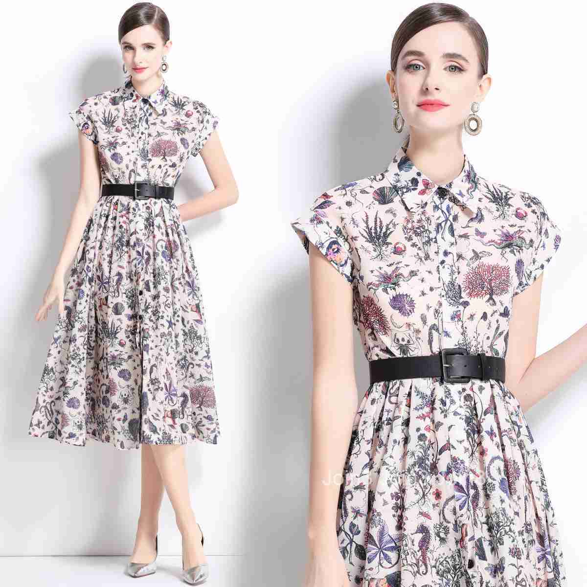 1686 Spring/Summer New Womens Style Printed Collar Short sleeved Medium length Dress (with Belt)