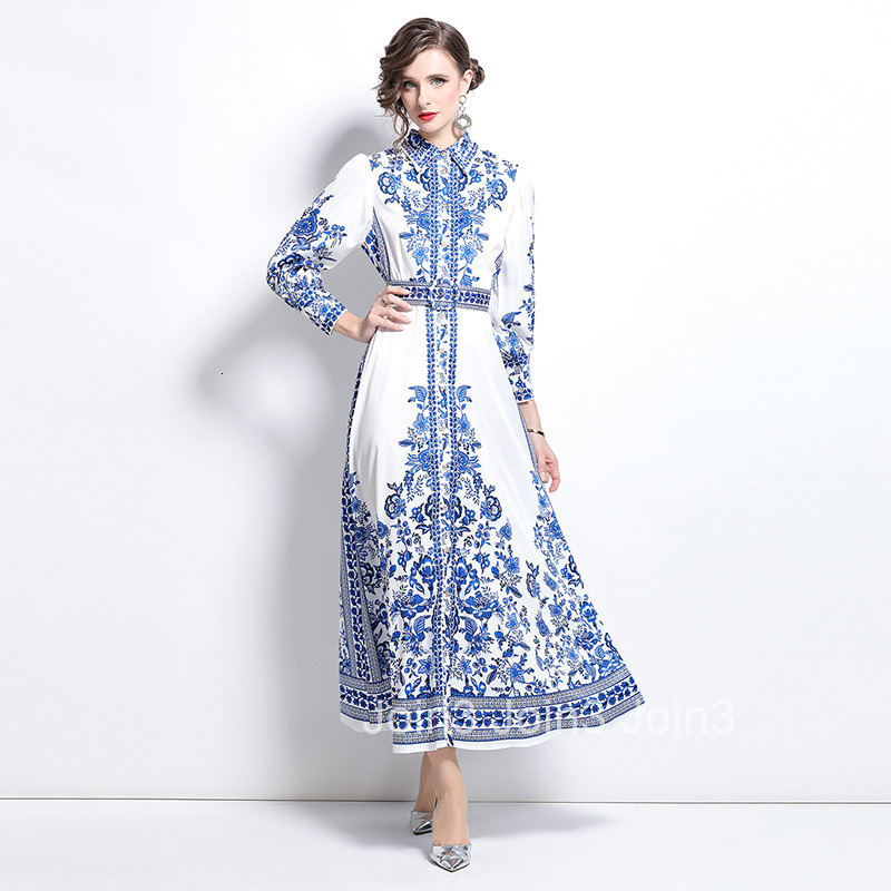 8771 Fashion Elegance Style Turn-Down Collar Single-Breasted Blue and White Porcelain Print Dress