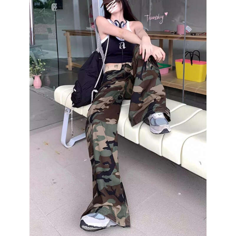 Camouflage Casual Cargo American Style Hot Girl High Waist Loose Wide Leg Jeans Women Slimming Floor-Length Pants