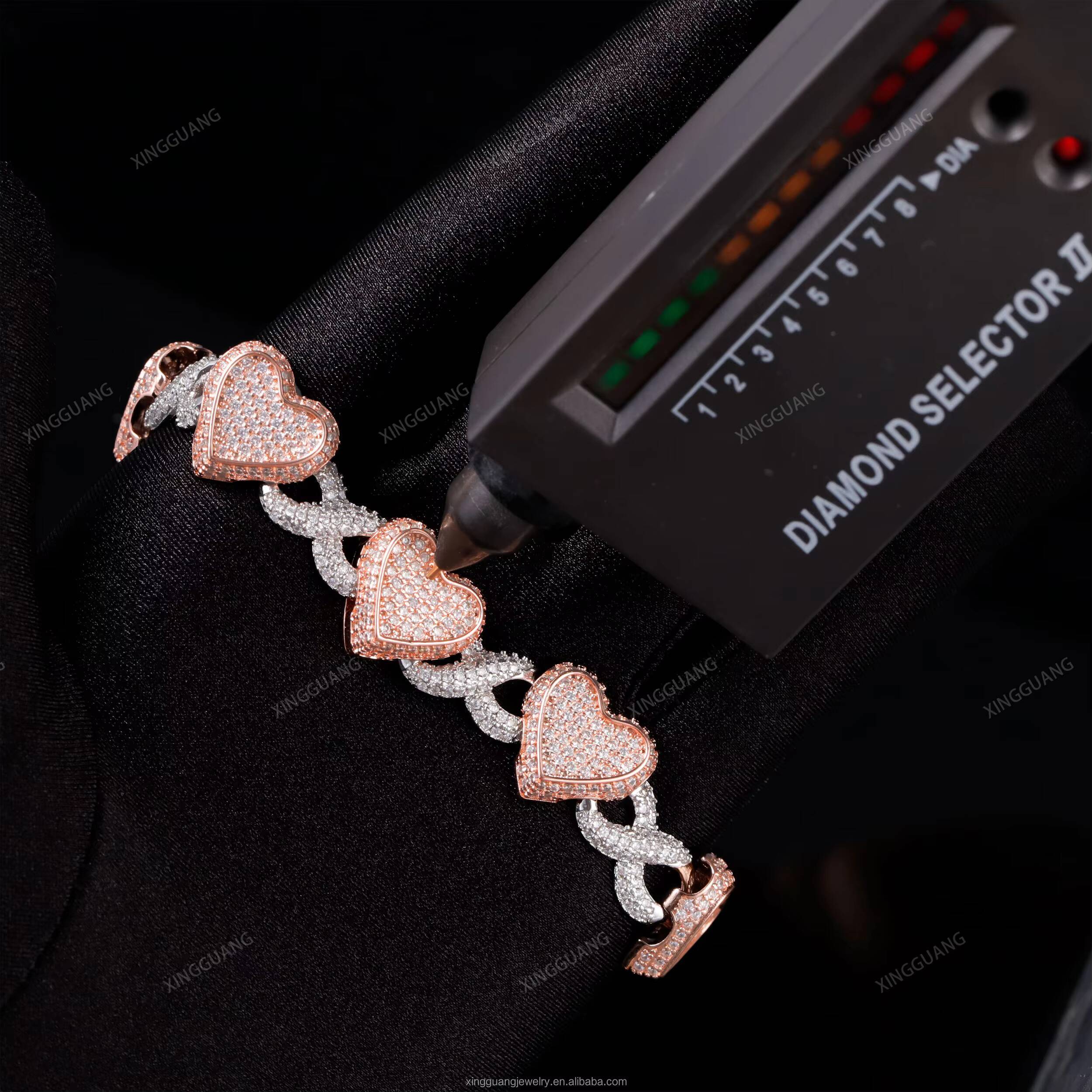 Rose Gold Iced Out Moissanite Heart Charms Infinity Links 13mm Wide S925 Sterling Silver Cuban Link Chains Bracelet Necklace