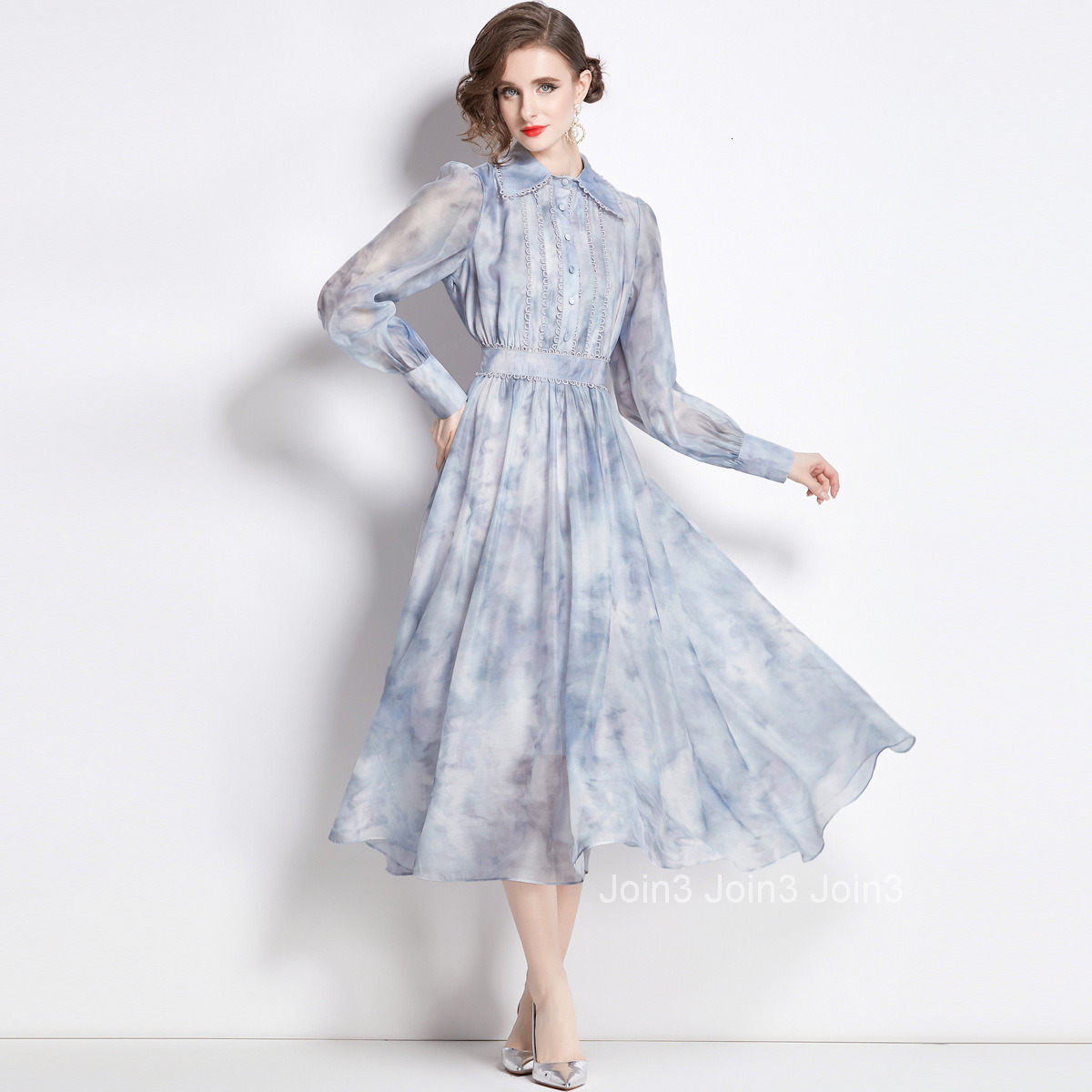 1998 Early Spring New Womens Vacation Style Printed Turn-Down Collar Long Sleeve Elegant Flared Long Dress