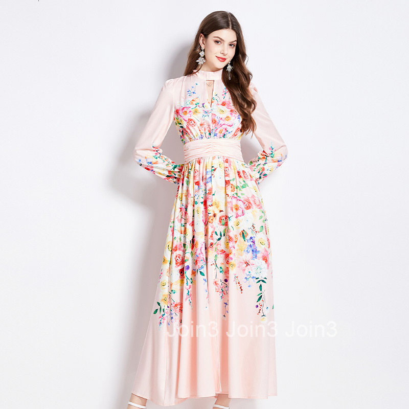 2546 Spring and Autumn New Womens Elegance Style Printed Dress Long Skirt with Temperament Waist cinching and slimming Dress