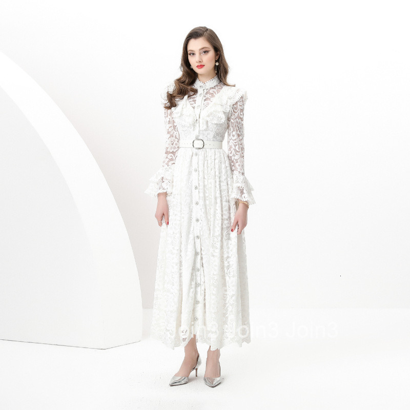 8829 Early Spring New Womens Fashion Elegant Vacation Ruffle Trim Waist Cinch Flared Lace Long Dress