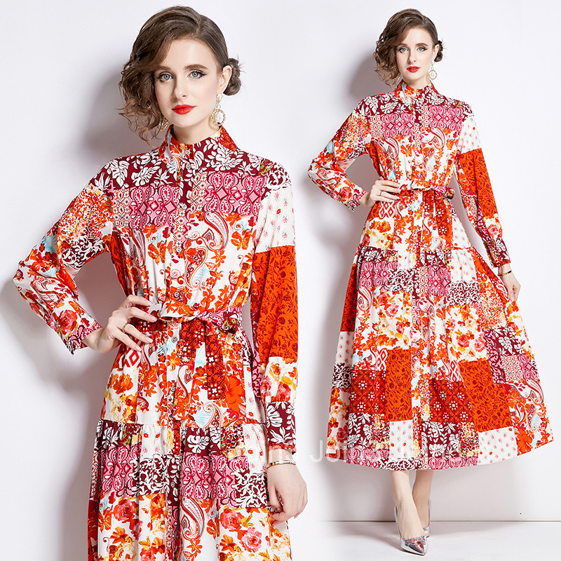 6945 Spring Summer New Womens Fashion Elegant Stand Collar Long Sleeve Slim Fit Printed Flared Long Dress