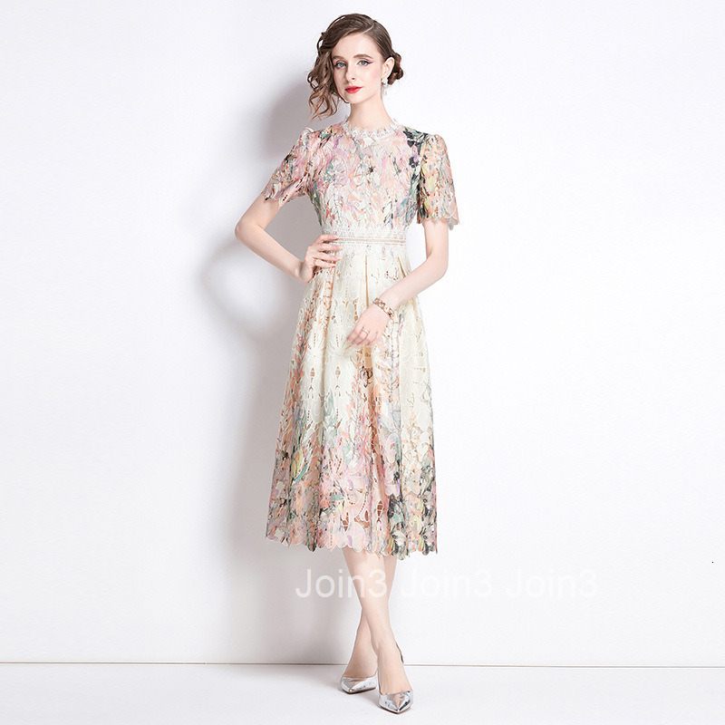 536 Summer New Womens Fashion Elegant Slim Hollow Water-Soluble Lace Printed Mid-Length Dress