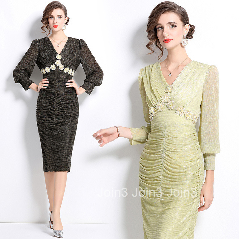 8777 autumn new womens clothing light mature style lantern sleeves pleated flower temperament mid length dress