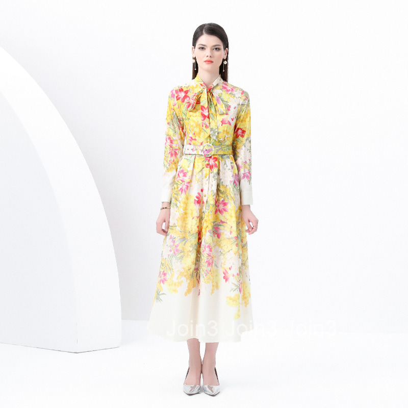 6046 early spring new womens clothing temperament style with ribbon collar lantern sleeves long skirt printed dress