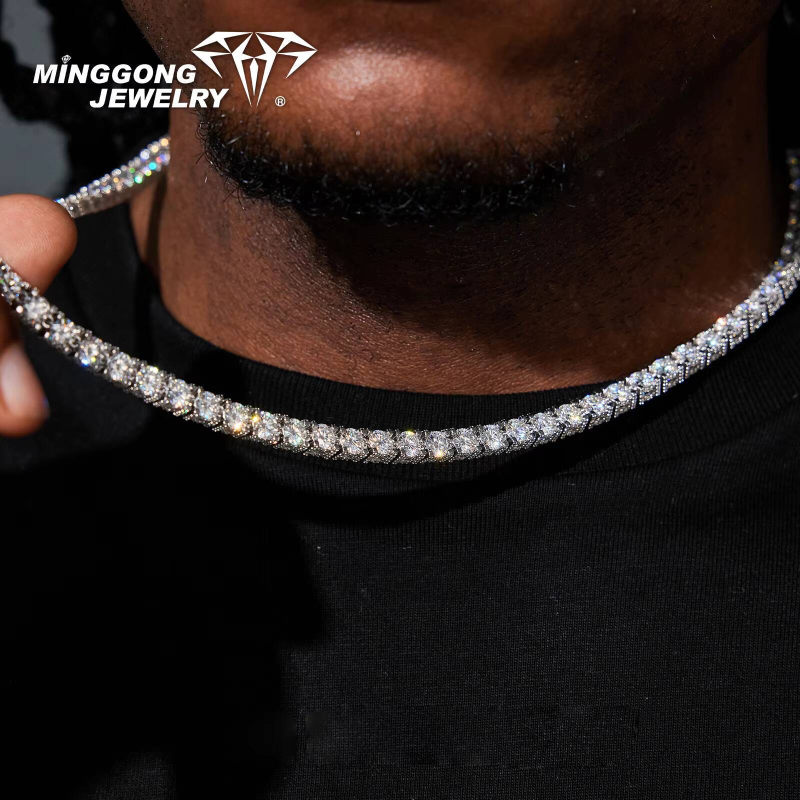 High Quality 5MM 925 Moissanite Tennis Chain Necklace Factory Direct 100% Diamond Test-Passed Hip Hop Bling Style