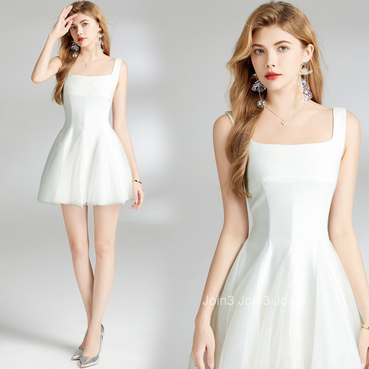 6851 Summer New Womens Fashion Elegant Fashion Solid Color Spaghetti Strap Slim Fit Mesh Puff Short Dress