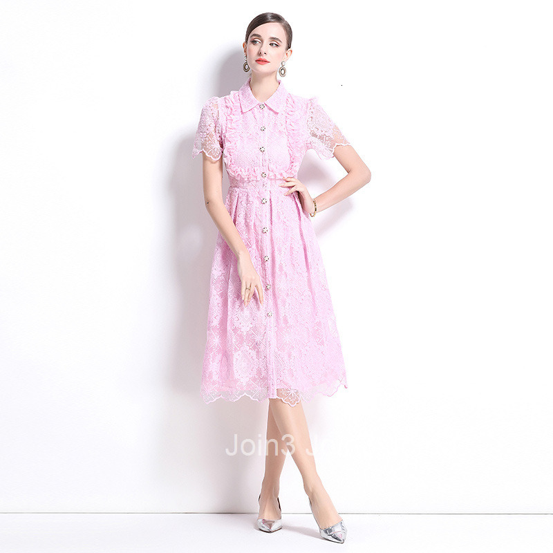 6953 Summer Dress French Elegant Heavy Lace Embroidery Turn-Down Collar Single-Breasted Waist-Cinching Slimming Formal Dress