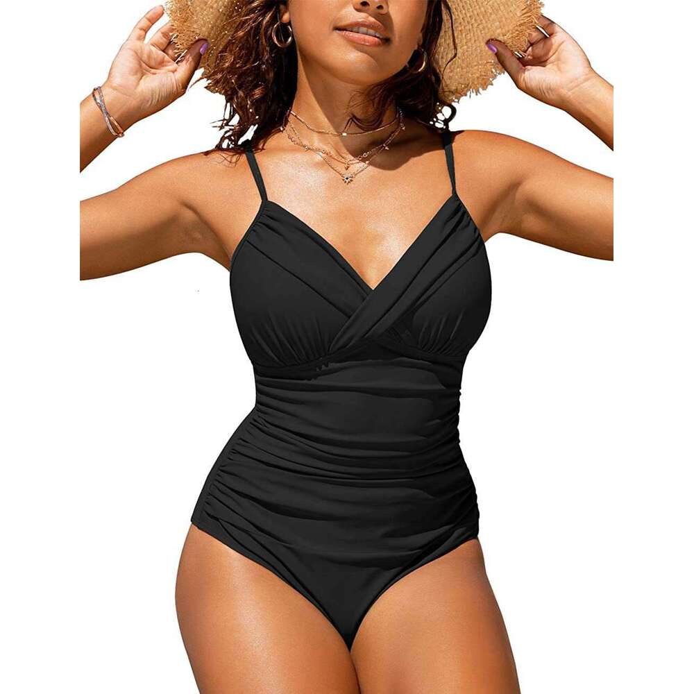 2023 Swimsuit Sexy Solid Color Cross Ruched Tight One-Piece Bikini Swimwear