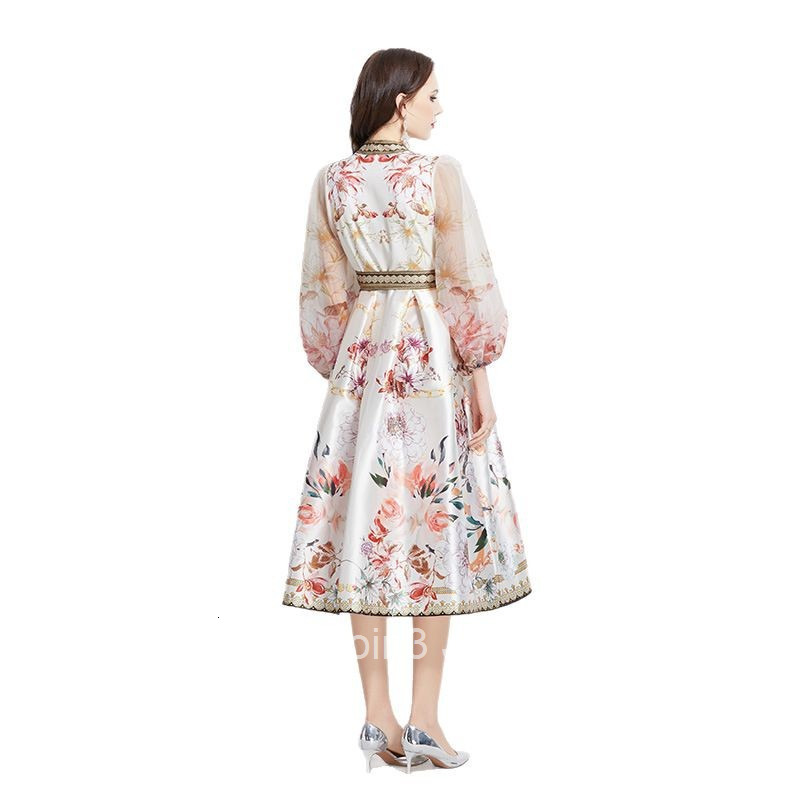 2736 Spring New Style Collar Ethnic Print Satin Wrap Long Dress