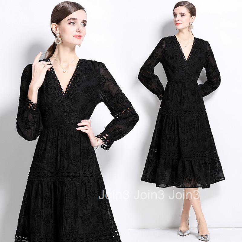6970 Spring New Heavy Embroidery Hollow Out Button Slim Fit Mid-Length Lantern Sleeve Gown Elegance Style Dress