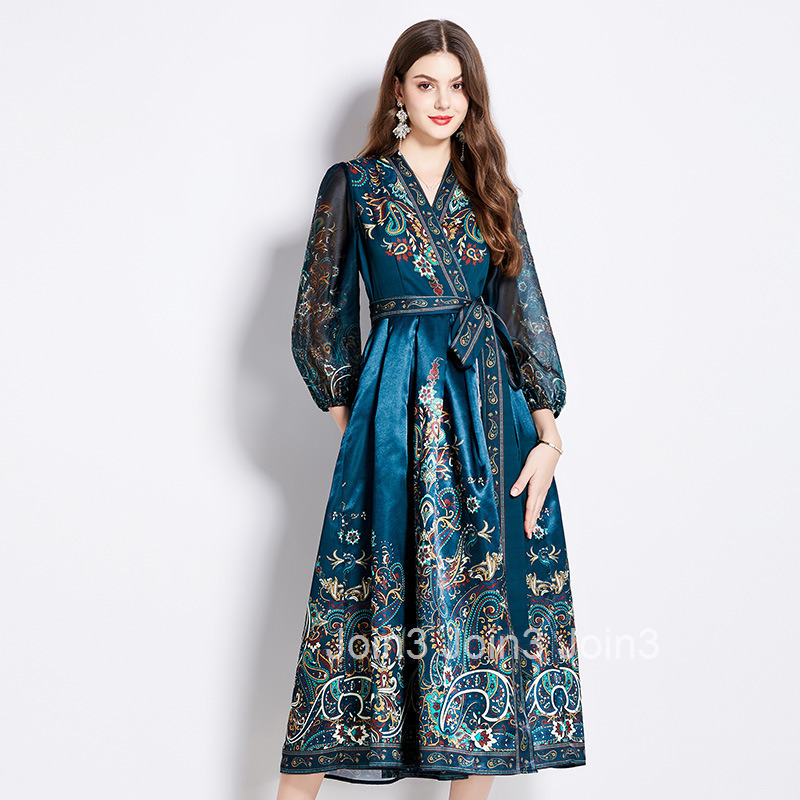 2562 Spring and Autumn New Womens V-neck Ethnic Style Long Sleeve Printed Waist Tie Long Dress