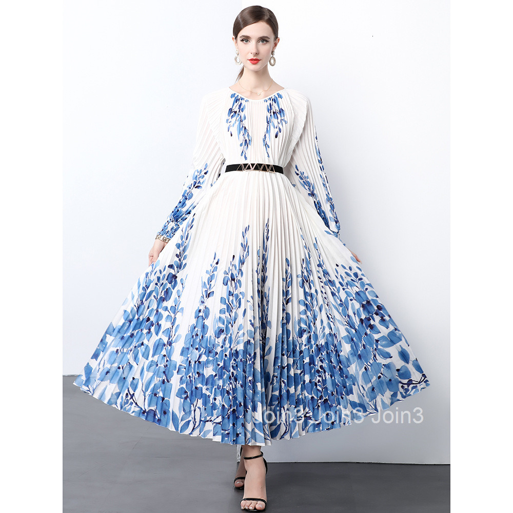 9853 autumn new womens clothing temperament printed pleated long sleeved long skirt with large swing pleated dress