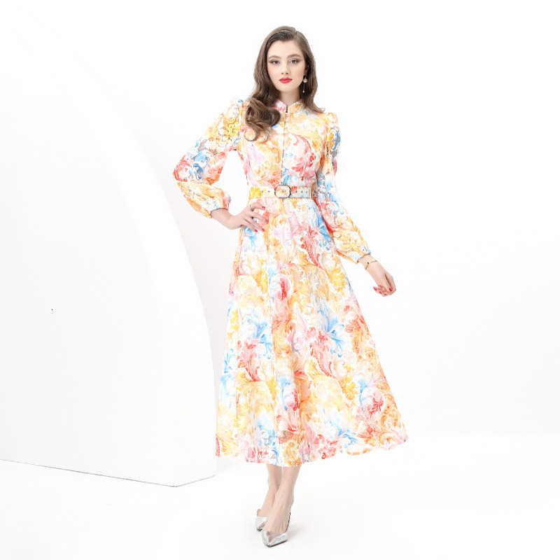 8845 Early Spring New Womens Fashion Elegant Lace Stand Collar Waist Cinching Lantern Sleeve Long Dress Printed Dress