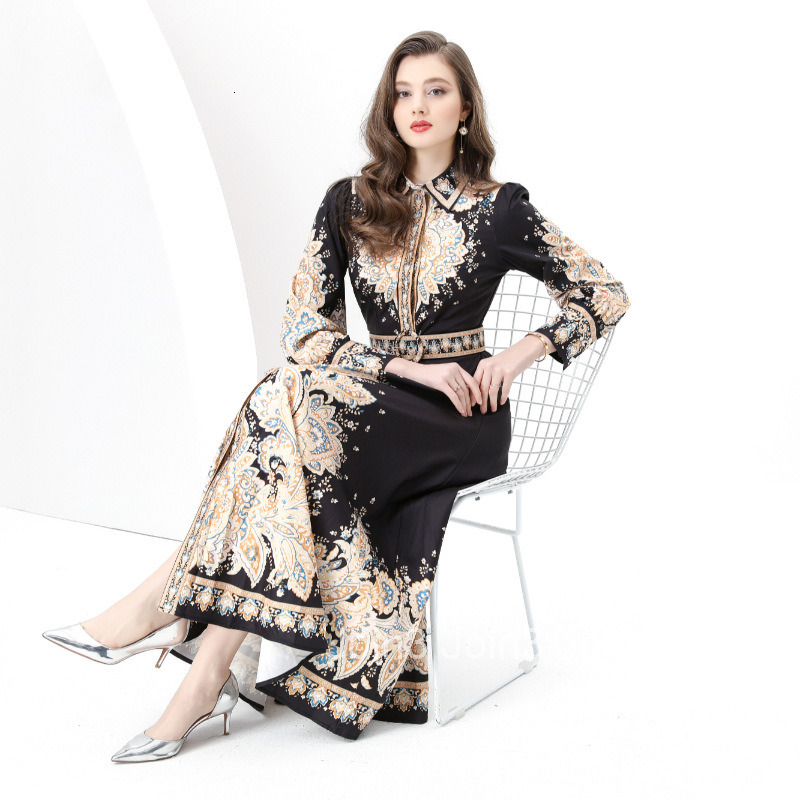 8855 Early Spring Elegance Style Turn-Down Collar Long Sleeve Waist-Cinching Wide Hem Printed Long Dress
