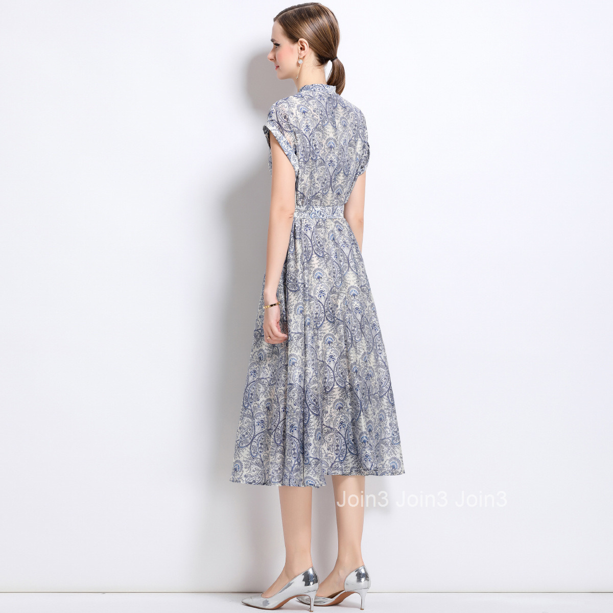 5880 Waist-Cinching Shirt Linen Dress for Women 2025 Summer New Elegant Printed Mid-Length Dress with Lining