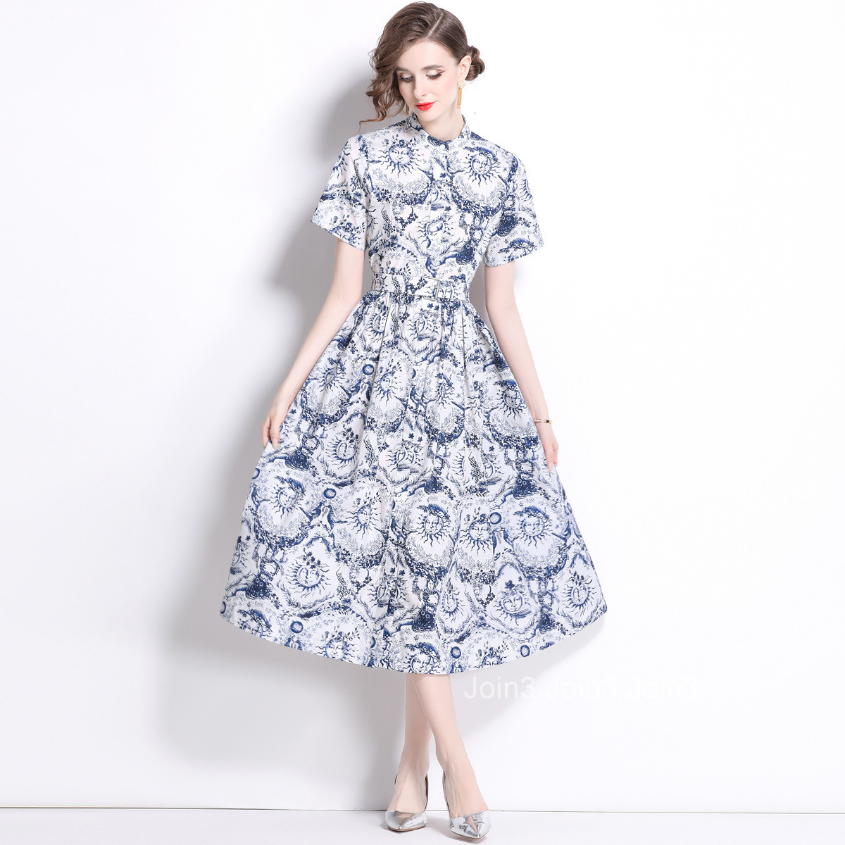 5822 Summer New Womens Fashion Elegant Printed Slim Fit Short Sleeve Flared Long Dress