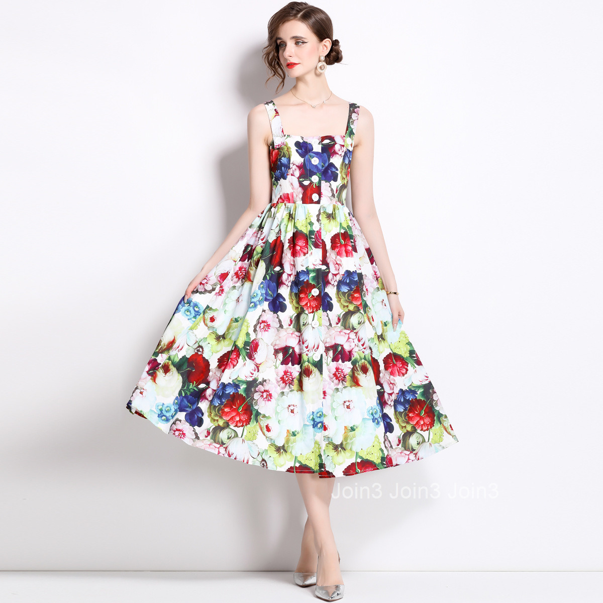 6833 Summer New Womens Fashion Elegant Printed Strap Waist Sleeveless A-line Dress Large Hem Midi Dress