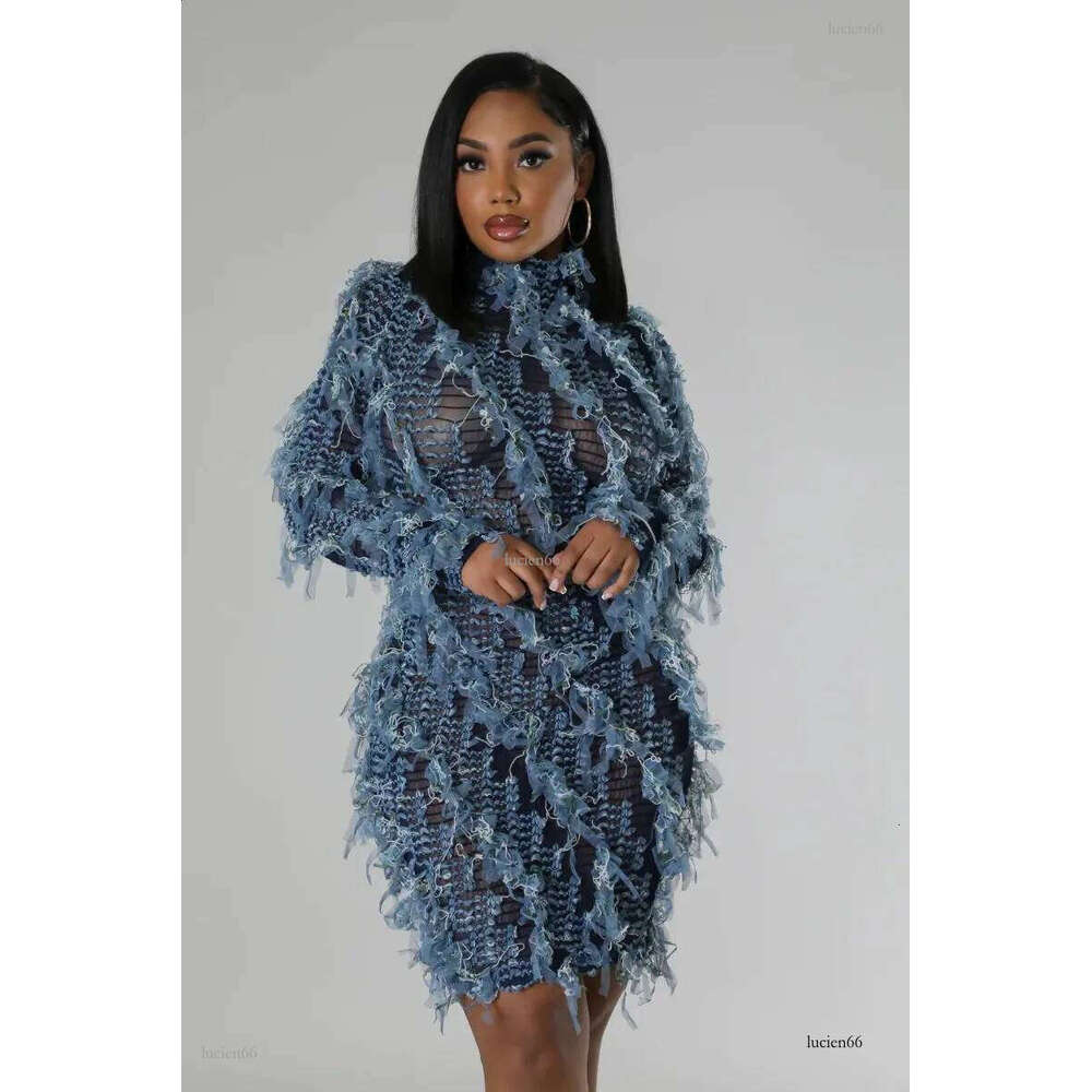 Patchwork Mesh Tassel Womens Tight Mini Dress Elastic Turtle Neck Long Sleeve Slimming Fashionable Club Party Dress Y2K Street Clothing 240902