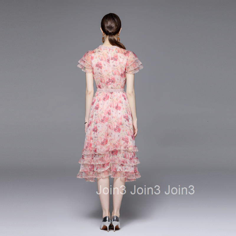 832 Summer New Womens Fashion Printed Ruffle High Waist Slimming Mid-Length Dress