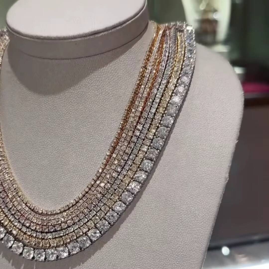 Top Sale S925 Sterling Silver 10K Real Solid Gold 3mm Round Brilliant Cut Lab Grown Diamond Tennis Chain Necklace